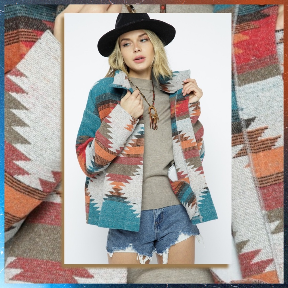 LUX BRAND Aztec Print Button Up Soft & Cozy Jacket W/Stand-Up Collar & Pockets - Picture 4 of 16